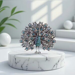 Peacock Rhinestone Encrusted Brooch Modern New Silver Tone